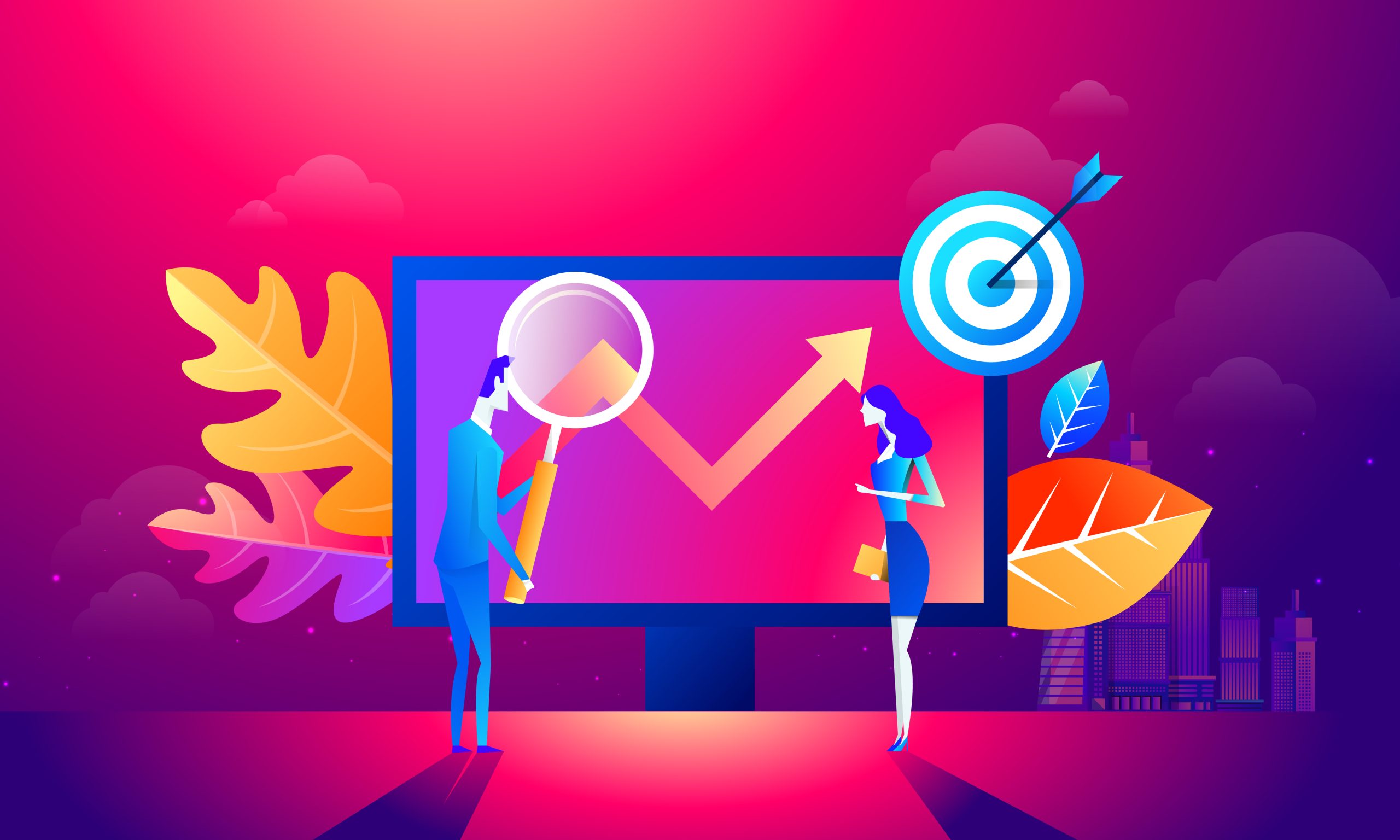 People team work together on seo. Can use for web banner, infographics, hero images. Flat isometric vector illustration isolated on purple and red background